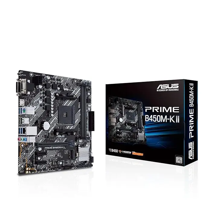 ASUS Prime B450M-K II (AMD AM4 Socket for AMD Ryzen 5000/4000/ 3rd/2nd/1st Gen) DIMM Micro ATX Motherboard with M.2 HDMI/DVI-D/D-Sub SATA 6 Gbps 1 Gb Ethernet USB 3.2 Gen 1 Type-A, BIOS Flashback
