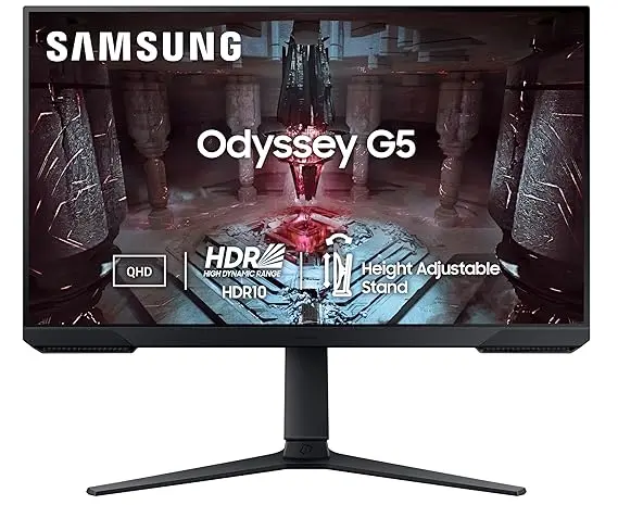 Samsung Odyssey G5 Gaming Monitor 68.5cm (27") QHD 2560 X 1440, 165 Hz, 1ms(MPRT), HDR10, AMD Freesync, DP, HDMI, Height, Tilt, Pivot Adjust Stand, Bezel Less, Eye-Saver, LS27CG510EWXXL, Black