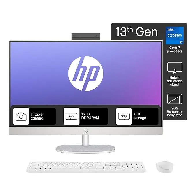 HP All-in-One PC 13th Gen Intel Core i7 27" (68.6cm) FHD 16GB RAM, 1TB SSD, Intel UMA Graphics, 710 White Wireless Keyboard and Mouse Combo (Windows 11 Home, MSO 21, Shell White, 6.72 Kg) 27-cr0403in