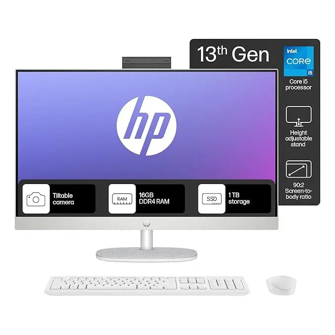 HP All-in-One 27, 13th Gen Intel Core i3-1315U, 27inch(68.6 cm) FHD,IPS, Three-Sided Micro-Edge,8 GB DDR4, 512GB SSD, Wireless Keyboard and Mouse Combo, Win 11 Home, 6.42kg,27-cr0345in