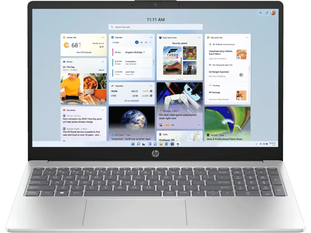 HP Laptop 39.6 cm (15.6),AMD Ryzen™ 5-7430U, AMD Radeon™ Graphics, 16 GB DDR4-3200, 512 GB SSD, Wi-Fi 6, Bluetooth® 5.3, Windows 11 Home, 1.59 kg, Silver, 15-fc0389AU