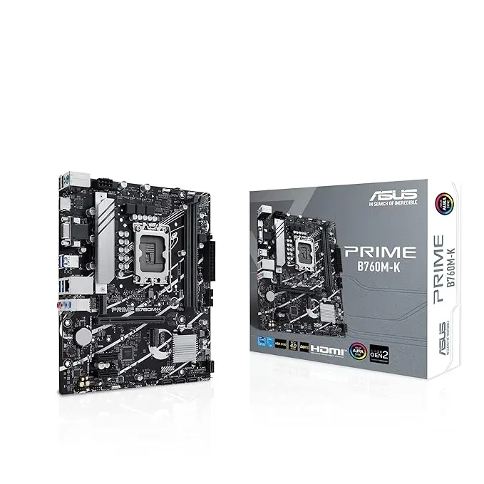 ASUS Prime B760M-K, an Intel B760 LGA 1700 mATX Motherboard with PCIe 4.0, Two PCIe 4.0 M.2 Slots, DDR5, Realtek 2.5Gb Ethernet, VGA, HDMI, SATA 6 Gbps, Front USB 3.2 Gen 1, Aura Sync - Prime B760M-K