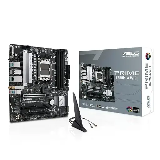 [BWASMB1029] ASUS Prime B650M-A WiFi Micro-ATX Motherboard, DDR5, PCIe 5.0 M.2 Support, 2.5Gb Ethernet, Wi-Fi 6, DisplayPort, VGA, HDMI, SATA 6 Gbps, USB 3.2 Gen 2 Ports, Front USB 3.2 Gen 1 Type-C, Arua Sync