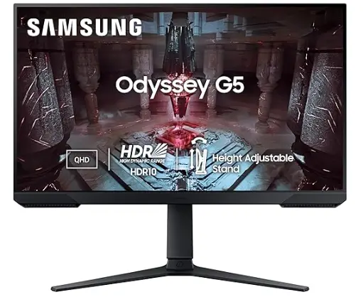 [BWSAMON1008] Samsung Odyssey G5 Gaming Monitor 68.5cm (27") QHD 2560 X 1440, 165 Hz, 1ms(MPRT), HDR10, AMD Freesync, DP, HDMI, Height, Tilt, Pivot Adjust Stand, Bezel Less, Eye-Saver, LS27CG510EWXXL, Black