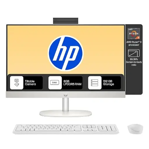 [BWHPL1137] HP All-in-One 24, AMD Ryzen 3 7320U,8GB LPDDR5, 512GB SSD, Anti-Glare, FHD, 23.8inch(60.5 cm), 510SP White Wireless Keyboard and Mouse Combo, Radeon Graphics, Win11+Office24, 5.27kg, White, 24-cr0014in