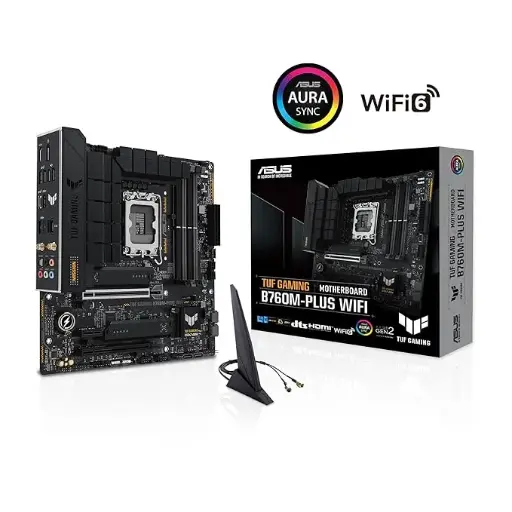 [BWASMB1012] ASUS TUF Gaming B760M-PLUS WiFi (LGA 1700) mATX Motherboard DDR5, PCIe 5.0 Slot, 4.0 M.2 Slots, 12+1 DrMOS,Wi-Fi 6, Realtek 2.5Gb Ethernet, DisplayPort, HDMI, Front USB 3.2 Gen 2 Type-C, Aura Sync