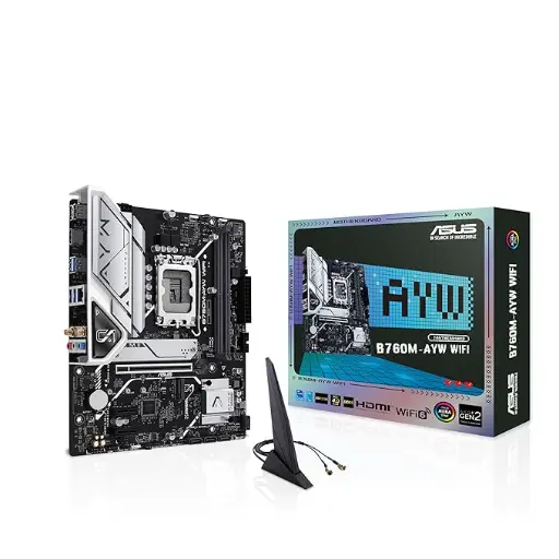 [BWASMB1009] ASUS B760M-AYW WiFi, an Intel B760 LGA 1700 mATX Motherboard with PCIe 4.0, Two PCIe 4.0 M.2 Slots, DDR5, Realtek 2.5Gb Ethernet, WiFi 6, HDMI, SATA 6 Gbps, Front USB 3.2 Gen 1, Aura Sync